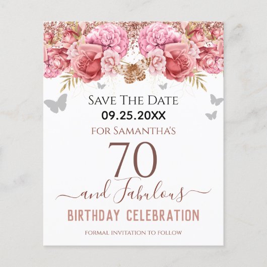 Floral roze 70e verjaardag Sparen de Datum (Voorkant)