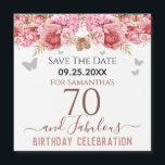 Floral roze 70th Birthday Save the Date Magnet<br><div class="desc">Meisjes glitter,  milleniumroze achtergrond,  met fancy manuscriptnaam typografie. Fijne 70 jaar en geweldige sjabloon voor verjaardagsontwerp. Roze en vlinderbovengrens. Geweldig voor de 70e viering. Sparen de herinnering van de datumviering.</div>