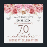 Floral roze 70th Birthday Save the Date Magnet<br><div class="desc">Meisjes glitter,  milleniumroze achtergrond,  met fancy manuscriptnaam typografie. Fijne 70 jaar en geweldige sjabloon voor verjaardagsontwerp. Roze en vlinderbovengrens. Geweldig voor de 70e viering. Sparen de herinnering van de datumviering.</div>