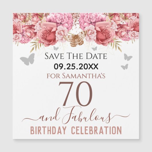 Floral roze 70th Birthday Save the Date Magnet (Voorkant)
