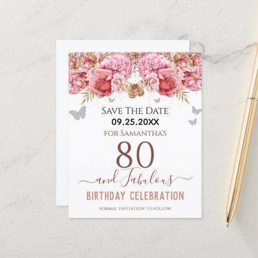 Floral roze 80th Birthday Save the Date (Voorkant / Achterkant in situ)