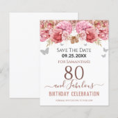 Floral roze 80th Birthday Save the Date (Voorkant / Achterkant)