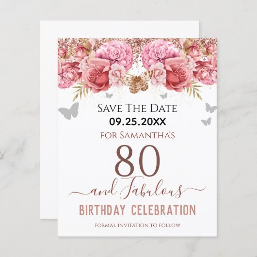 Floral roze 80th Birthday Save the Date (Voorkant / Achterkant)