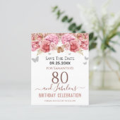 Floral roze 80th Birthday Save the Date (Staand voorkant)