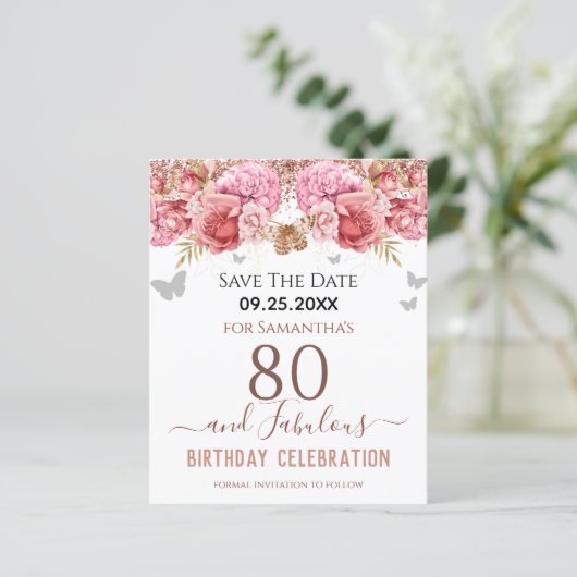 Floral roze 80th Birthday Save the Date (Staand voorkant)