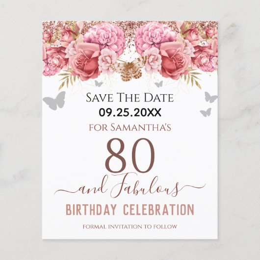 Floral roze 80th Birthday Save the Date (Voorkant)