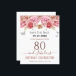 Floral roze 80th Birthday Save the Date<br><div class="desc">Meisjes glitter,  milleniumroze achtergrond,  met fancy manuscriptnaam typografie. Fijne 80 jaar en geweldige sjabloon voor verjaardagsontwerp. Roze en vlinderbovengrens. Geweldig voor de 80ste viering. Sparen de herinnering van de datumviering.</div>