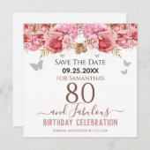 Floral roze 80th Birthday Save the Date (Voorkant / Achterkant)