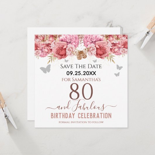 Floral roze 80th Birthday Save the Date (Voorkant / Achterkant in situ)