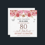 Floral roze 80th Birthday Save the Date<br><div class="desc">Meisjes glitter,  milleniumroze achtergrond,  met fancy manuscriptnaam typografie. Fijne 80 jaar en geweldige sjabloon voor verjaardagsontwerp. Roze en vlinderbovengrens. Geweldig voor de 80ste viering. Sparen de herinnering van de datumviering.</div>