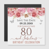 Floral roze 80th Birthday Save the Date Magnet (Voorkant / Achterkant)