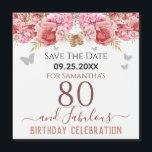Floral roze 80th Birthday Save the Date Magnet<br><div class="desc">Meisjes glitter,  milleniumroze achtergrond,  met fancy manuscriptnaam typografie. Fijne 80 jaar en geweldige sjabloon voor verjaardagsontwerp. Roze en vlinderbovengrens. Geweldig voor de 80ste viering. Sparen de herinnering van de datumviering.</div>