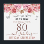 Floral roze 80th Birthday Save the Date Magnet<br><div class="desc">Meisjes glitter,  milleniumroze achtergrond,  met fancy manuscriptnaam typografie. Fijne 80 jaar en geweldige sjabloon voor verjaardagsontwerp. Roze en vlinderbovengrens. Geweldig voor de 80ste viering. Sparen de herinnering van de datumviering.</div>