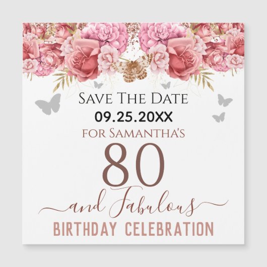 Floral roze 80th Birthday Save the Date Magnet (Voorkant)
