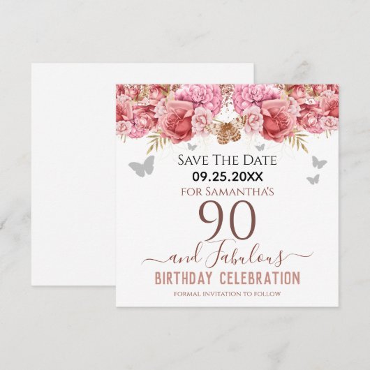Floral roze 90th Birthday Save the Date (Voorkant / Achterkant)