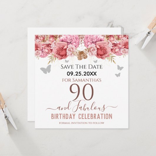 Floral roze 90th Birthday Save the Date (Voorkant / Achterkant in situ)
