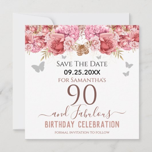 Floral roze 90th Birthday Save the Date (Voorkant)