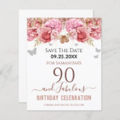 Floral roze 90th Birthday Save the Date (Voorkant / Achterkant)