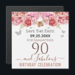 Floral roze 90th Birthday Save the Date Magnet<br><div class="desc">Meisjes glitter,  milleniumroze achtergrond,  met fancy manuscriptnaam typografie. Fijne 90 jaar en geweldige sjabloon voor verjaardagsontwerp. Roze en vlinderbovengrens. Geweldig voor de 90e viering. Sparen de herinnering van de datumviering.</div>