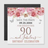 Floral roze 90th Birthday Save the Date Magnet (Voorkant / Achterkant)