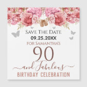 Floral roze 90th Birthday Save the Date Magnet (Voorkant)