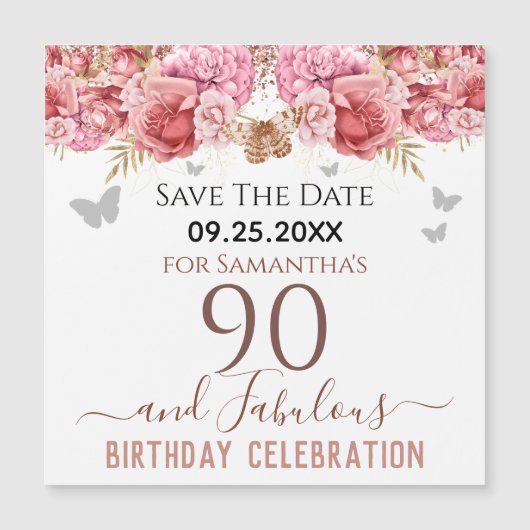 Floral roze 90th Birthday Save the Date Magnet (Voorkant)