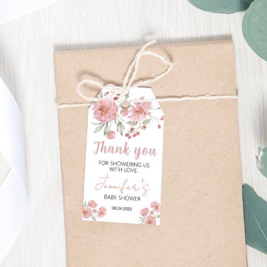 Floral roze baby shower dank je labels cadeaulabel