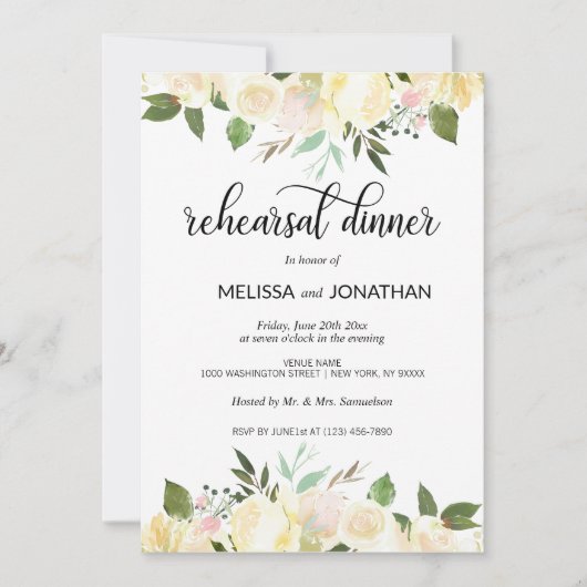 Floral roze beige ivoor bruiloft repetitie diner kaart (Voorkant)