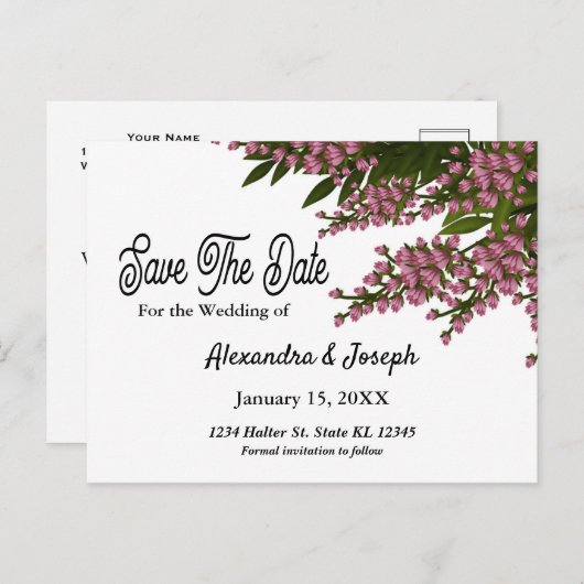 Floral roze bloemen sparen de Datum van het huweli Aankondigingskaart (Voorkant / Achterkant)