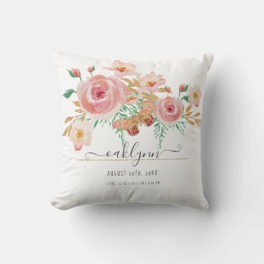 Floral Roze Blush Roos Baby Meisje Geboorte Stats Kussen (Voorkant)