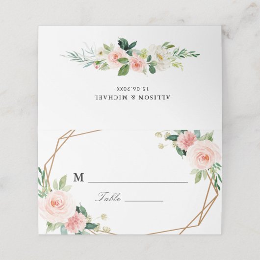 Floral roze blush waterverf geometrische bruiloft plaatskaartje (Buitenkant ongevouwen)