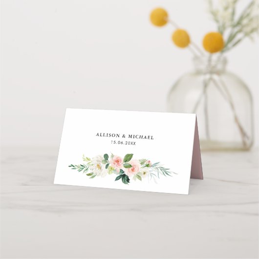 Floral roze blush waterverf geometrische bruiloft plaatskaartje (Achterkant)