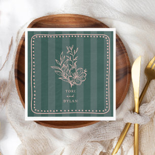 Floral roze boeket groene streep bruiloft servet