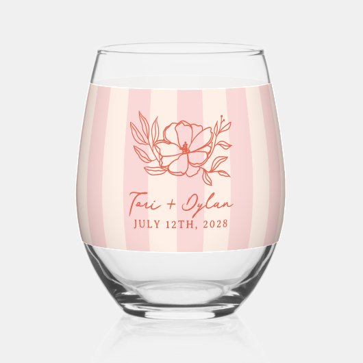 Floral roze boeket streep bruiloft wijnglas zonder voet (Voorkant)