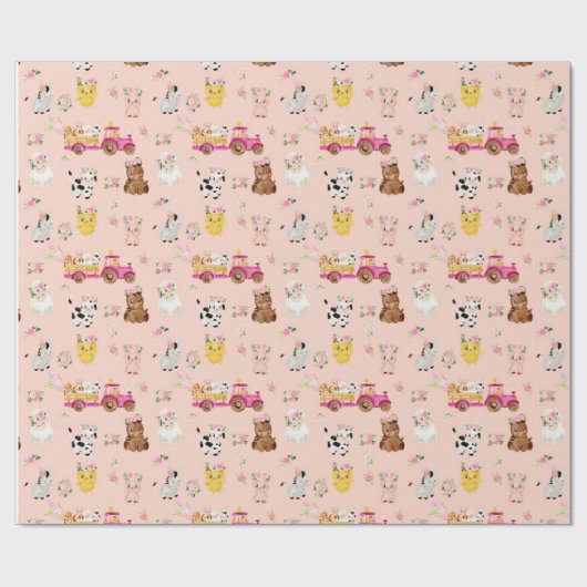 Floral roze Boerderij / Barnyard Children Gift Wra Cadeaupapier (Vlak)
