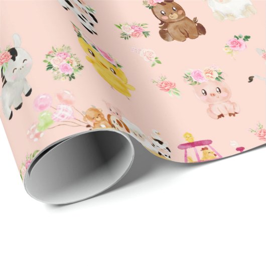 Floral roze Boerderij / Barnyard Children Gift Wra Cadeaupapier (Rol Hoek)