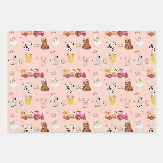 Floral roze Boerderij / Barnyard Children Gift Wra Inpakpapier Vel (Voorkant)