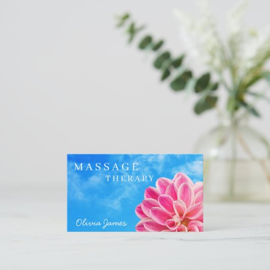 Floral roze dahlia flower troedy blue sky massage visitekaartje (Staand voorkant)