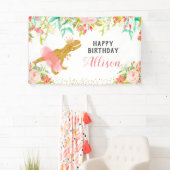 Floral roze dinosaurus verjaardagsbanner spandoek (Insitu)
