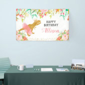 Floral roze dinosaurus verjaardagsbanner spandoek (Beurs)