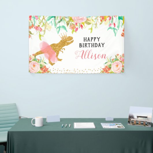 Floral roze dinosaurus verjaardagsbanner spandoek (Beurs)