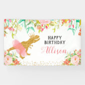 Floral roze dinosaurus verjaardagsbanner spandoek (Horizontaal)