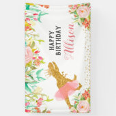 Floral roze dinosaurus verjaardagsbanner spandoek (Verticaal)