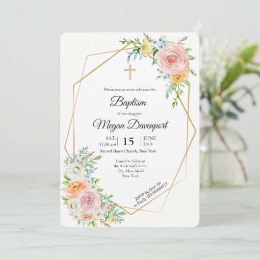 Floral roze elegant Baptism Religieuze gebeurtenis Kaart (Staand voorkant)