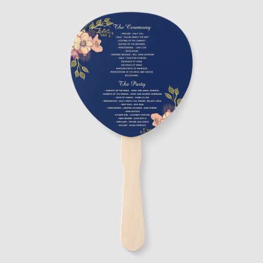 Floral roze en blauw bruiloft programma handwaaier (Achterkant)