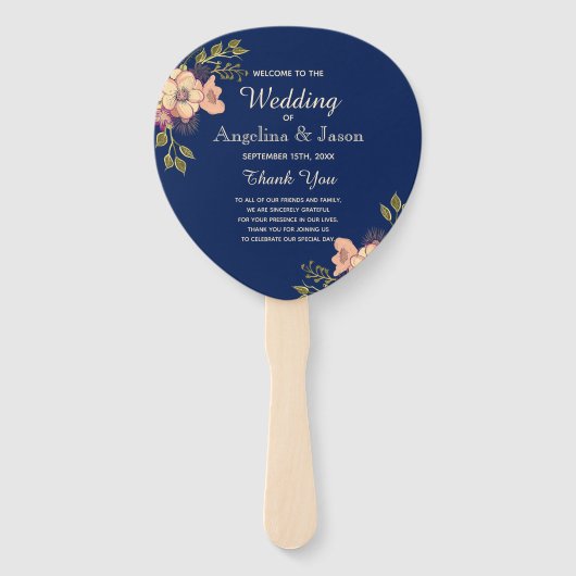 Floral roze en blauw bruiloft programma handwaaier (Voorkant)