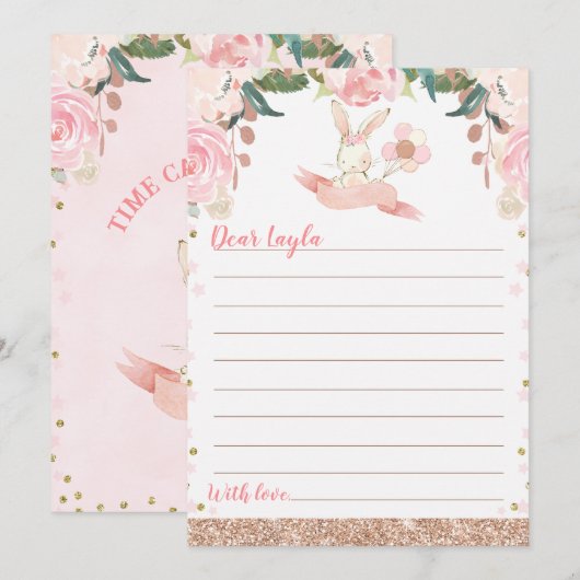 Floral roze en Roos gouden konijn tijd capsule Kaa Kaart (Voorkant / Achterkant)