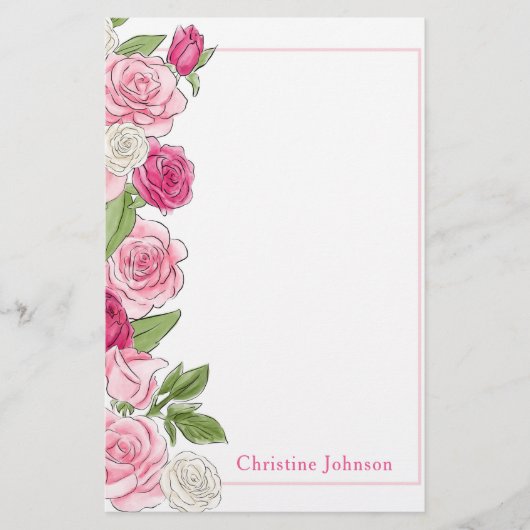 Floral roze en witte rozen gepersonaliseerd briefpapier (Voorkant)