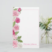 Floral roze en witte rozen gepersonaliseerd briefpapier (Staand voorkant)
