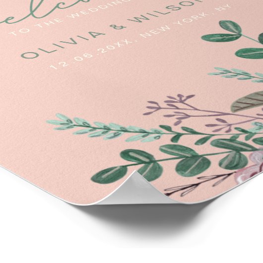 Floral roze eucalyptusbruiloft welkom poster (Hoek)